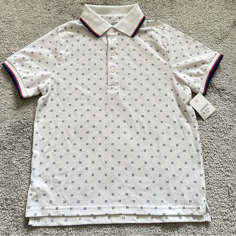 Crown & Ivy Kids White Polo with Blue Pattern